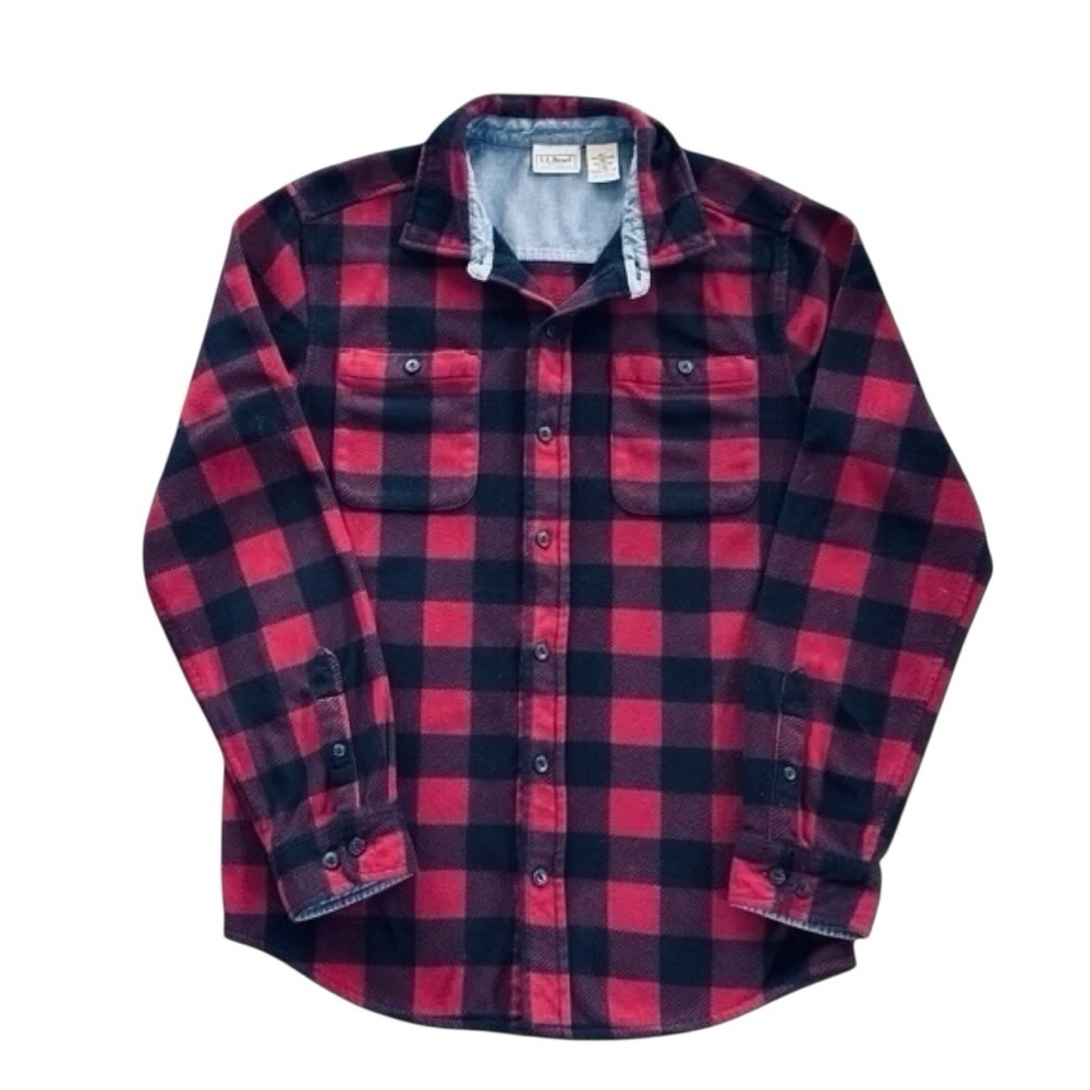 L.L. Bean Men’s Red Plaid Polar Fleece Button-Up Shirt – Size L